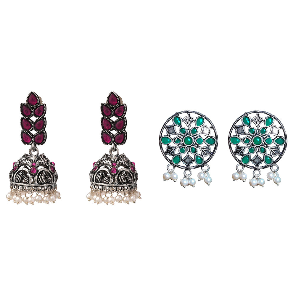 Leaf Cascade jhumki earrings (Red) Glass drops Dangler Earrings (Green) Combo set