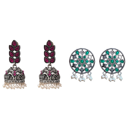 Leaf Cascade jhumki earrings (Red) Glass drops Dangler Earrings (Green) Combo set