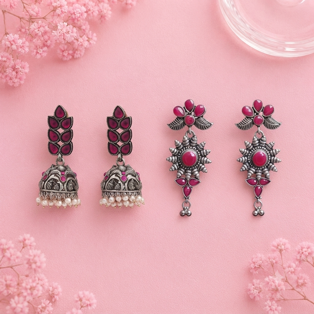 Leaf Cascade jhumki earrings (Red) FloraSun dangler earrings (Red) Combo set
