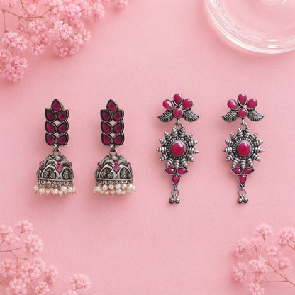 Leaf Cascade jhumki earrings (Red) FloraSun dangler earrings (Red) Combo set