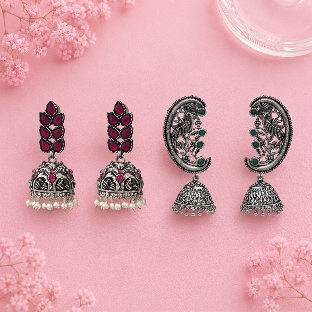 Leaf Cascade jhumki earrings (Red) Moon-lit Mayur Jhumki earrings (Green) Combo set