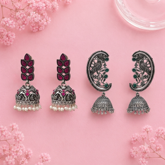 Leaf Cascade jhumki earrings (Red) Moon-lit Mayur Jhumki earrings (Green) Combo set