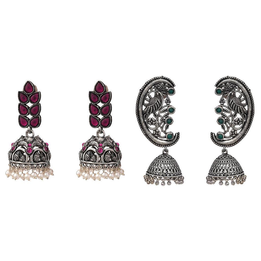 Leaf Cascade jhumki earrings (Red) Moon-lit Mayur Jhumki earrings (Green) Combo set