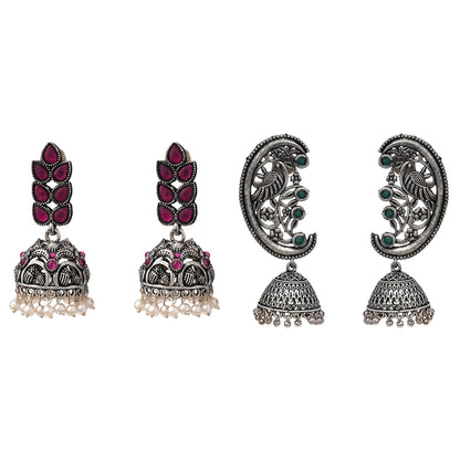 Leaf Cascade jhumki earrings (Red) Moon-lit Mayur Jhumki earrings (Green) Combo set