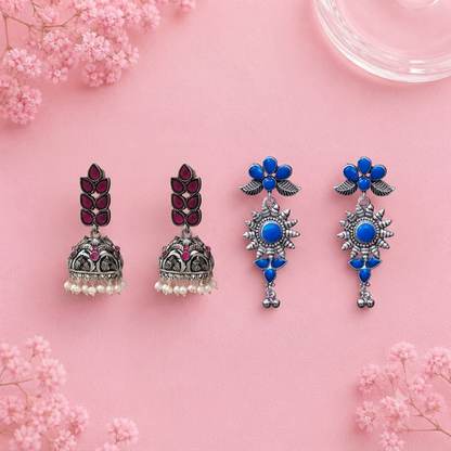 Leaf Cascade jhumki earrings (Red) FloraSun dangler earrings (Blue) Combo set