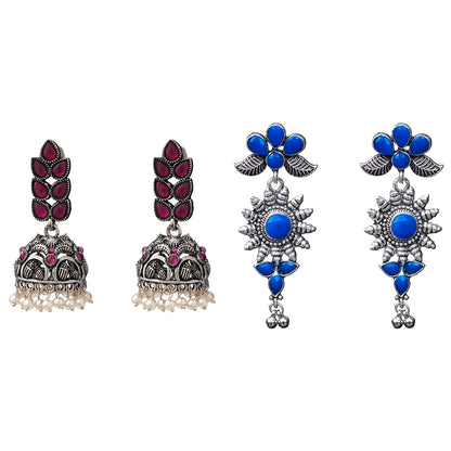 Leaf Cascade jhumki earrings (Red) FloraSun dangler earrings (Blue) Combo set