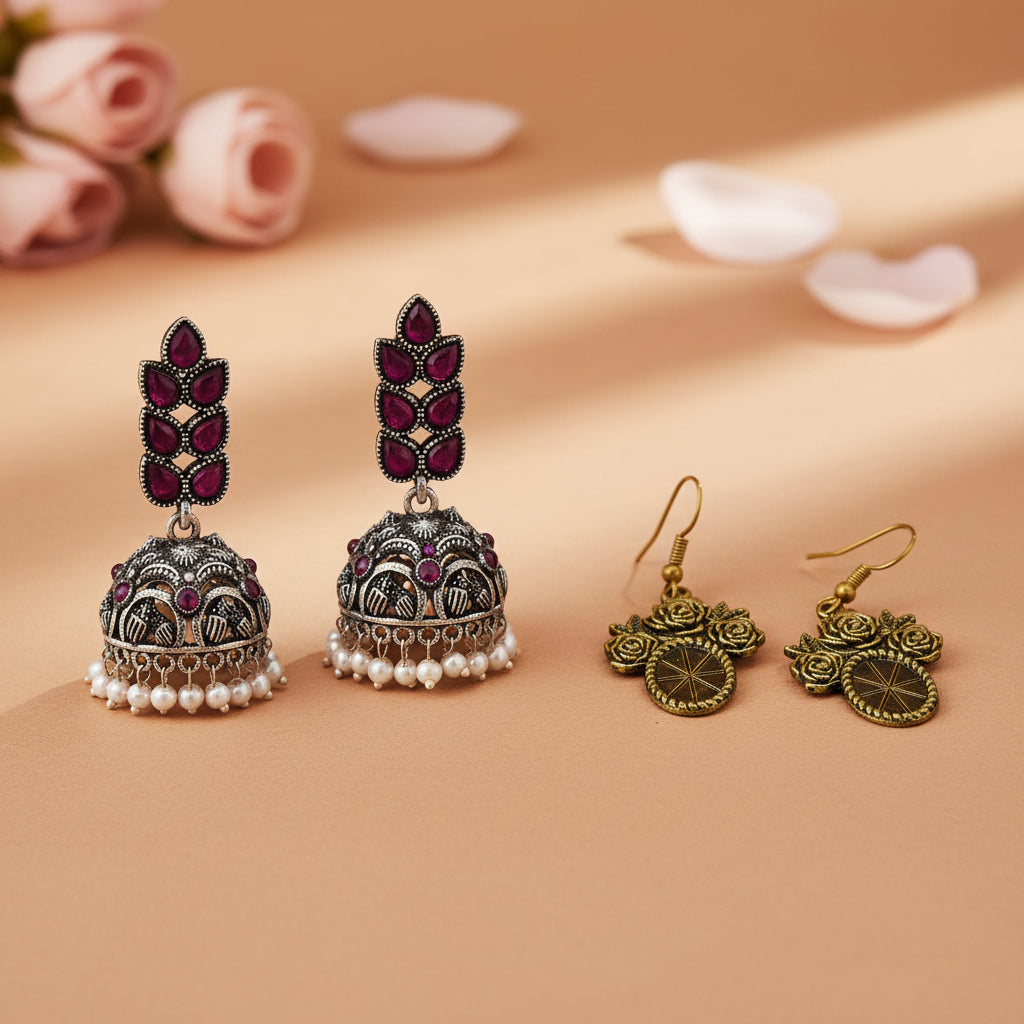 Leaf Cascade jhumki earrings (Red) Vintage Oval Flower Shaped Golden Polished Oxidised Danglers Combo set