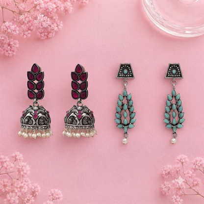 Leaf Cascade jhumki earrings (Red) Precious Petal stone studded dangler earring (Red) Combo set