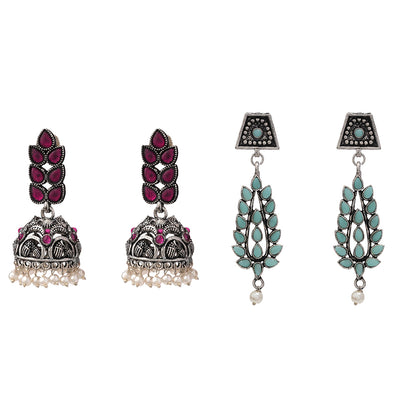 Leaf Cascade jhumki earrings (Red) Precious Petal stone studded dangler earring (Red) Combo set