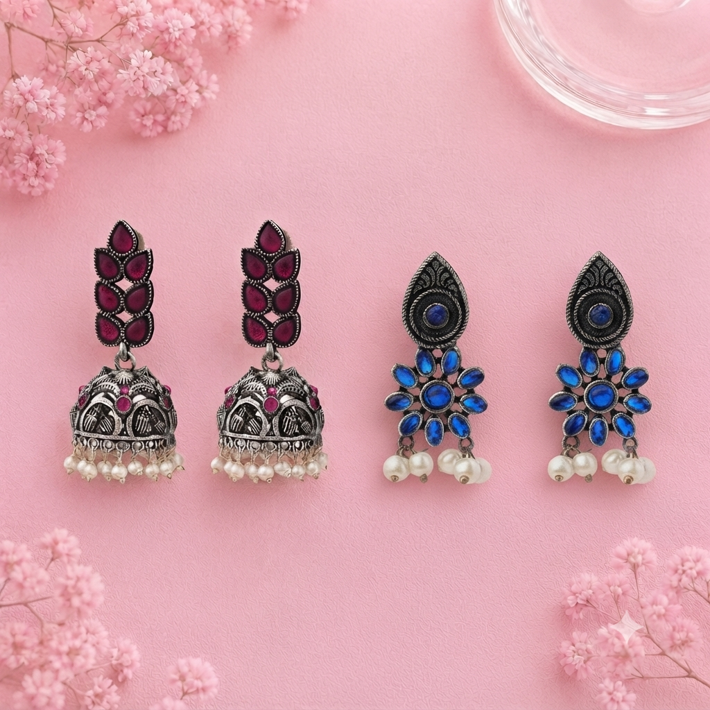 Leaf Cascade jhumki earrings (Red) Drew flower pearl stud earrings (Blue) Combo set