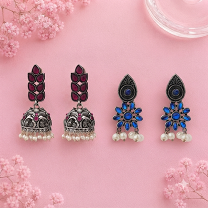 Leaf Cascade jhumki earrings (Red) Drew flower pearl stud earrings (Blue) Combo set