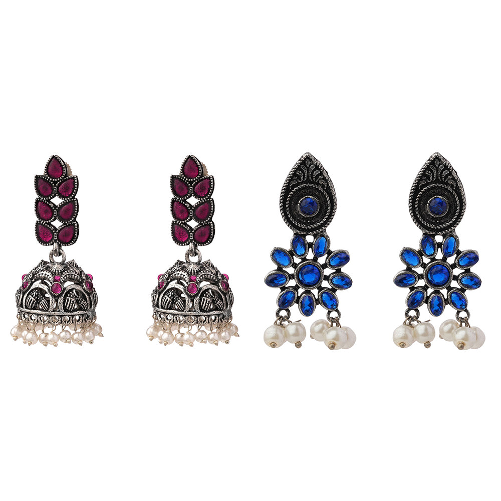 Leaf Cascade jhumki earrings (Red) Drew flower pearl stud earrings (Blue) Combo set
