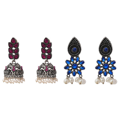 Leaf Cascade jhumki earrings (Red) Drew flower pearl stud earrings (Blue) Combo set