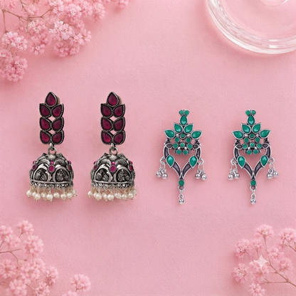 Leaf Cascade jhumki earrings (Red) Tint and Twinkle earrings (Green) Combo set