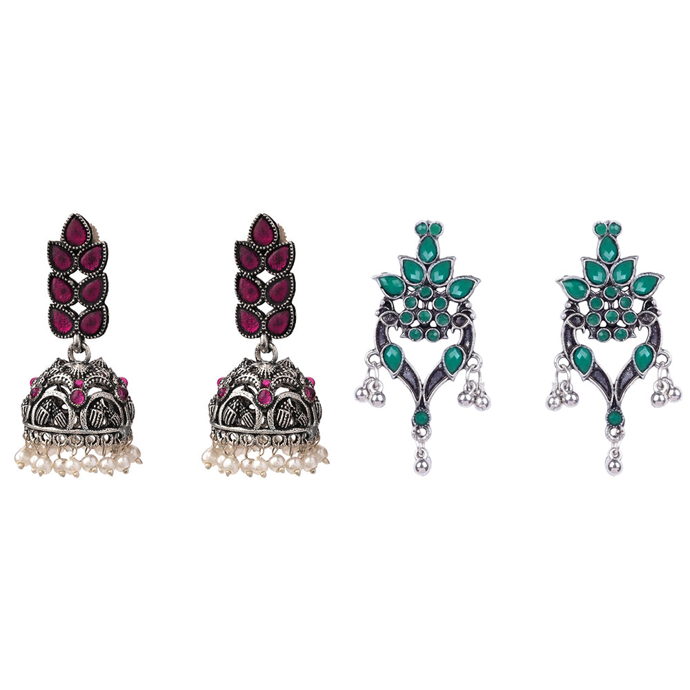 Leaf Cascade jhumki earrings (Red) Tint and Twinkle earrings (Green) Combo set