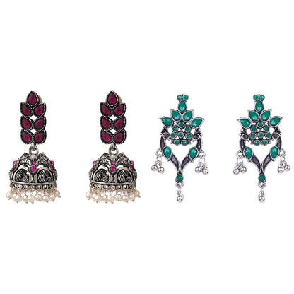 Leaf Cascade jhumki earrings (Red) Tint and Twinkle earrings (Green) Combo set