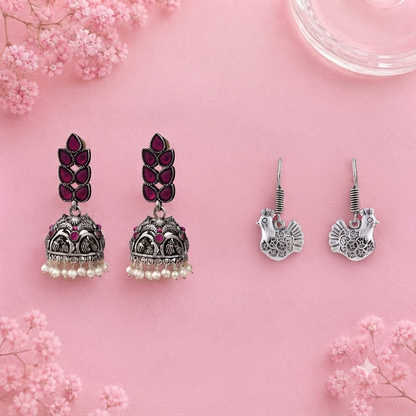 Leaf Cascade jhumki earrings (Red) Rooster radiance dangler earrings (Silver) Combo set