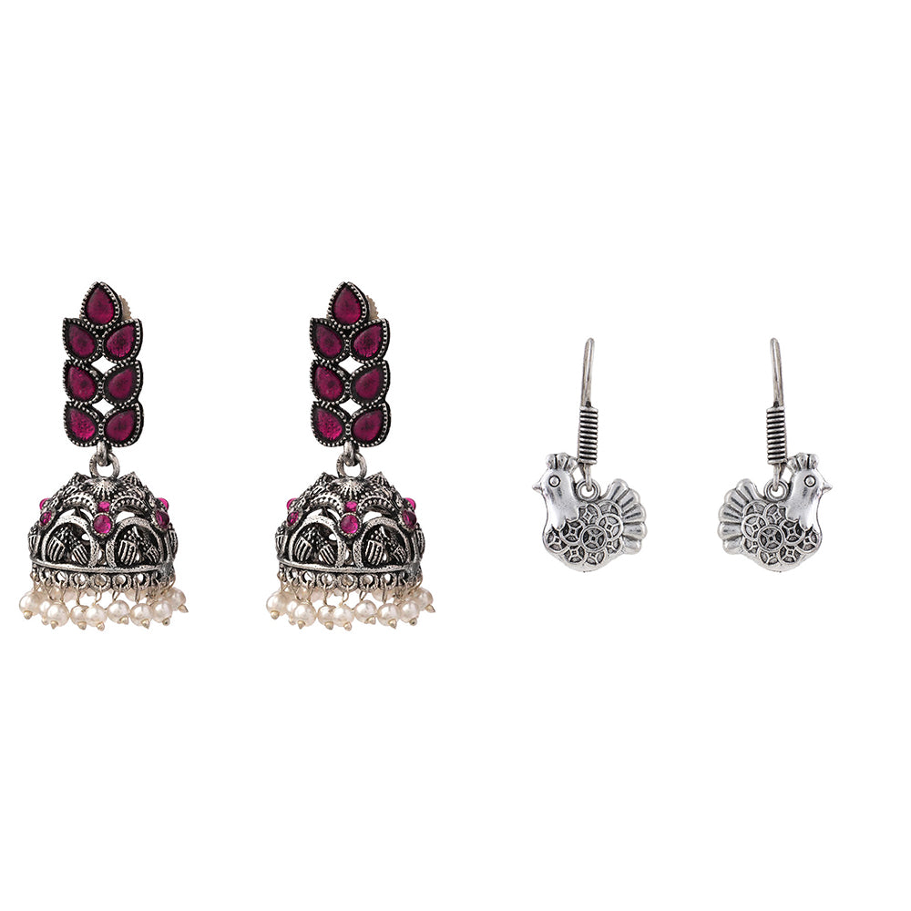 Leaf Cascade jhumki earrings (Red) Rooster radiance dangler earrings (Silver) Combo set