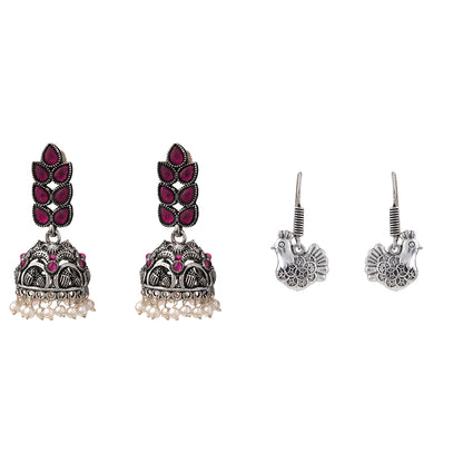 Leaf Cascade jhumki earrings (Red) Rooster radiance dangler earrings (Silver) Combo set