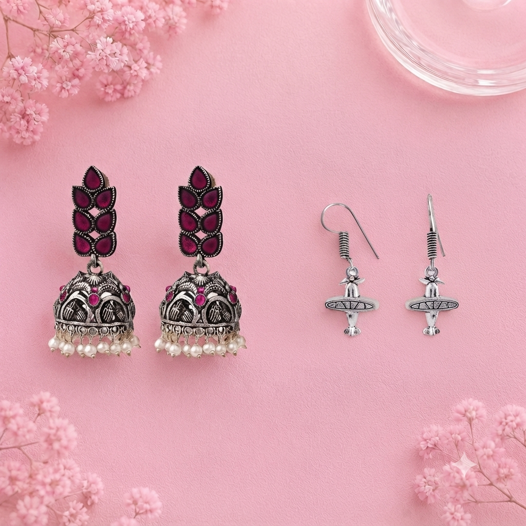 Leaf Cascade jhumki earrings (Red) Skyward Grace dangler earrings (Silver) Combo set