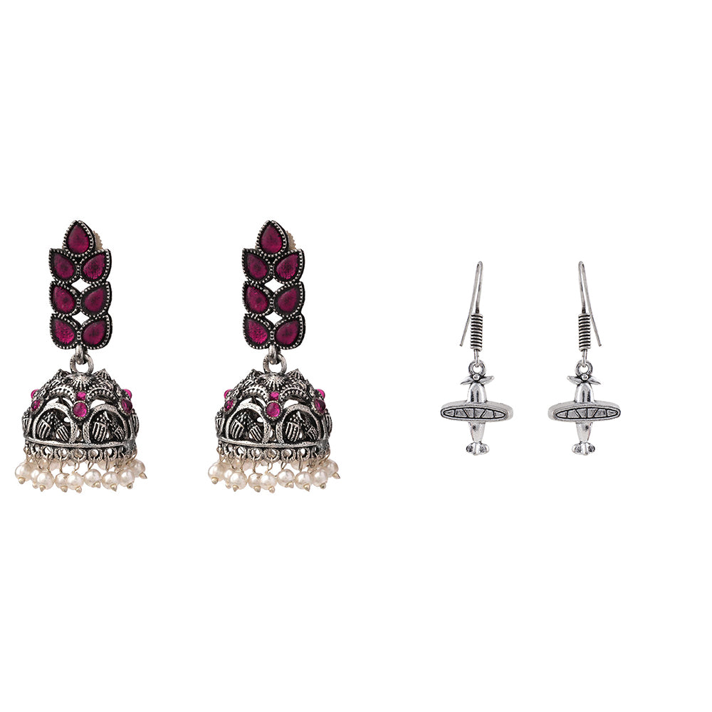 Leaf Cascade jhumki earrings (Red) Skyward Grace dangler earrings (Silver) Combo set