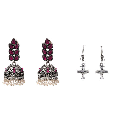 Leaf Cascade jhumki earrings (Red) Skyward Grace dangler earrings (Silver) Combo set