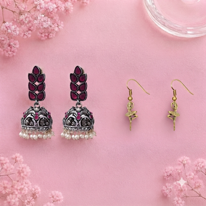 Leaf Cascade jhumki earrings (Red) Cloud nine dangler earrings Combo set