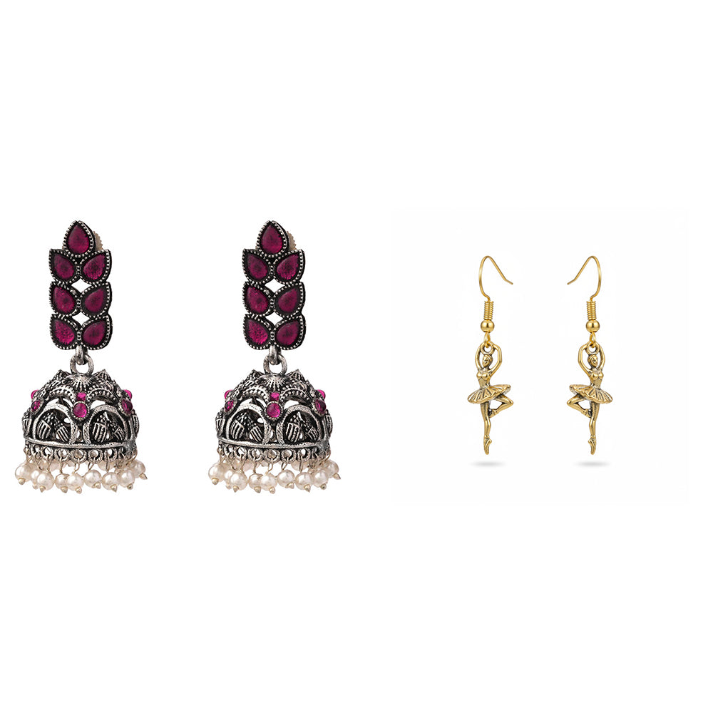 Leaf Cascade jhumki earrings (Red) Cloud nine dangler earrings Combo set