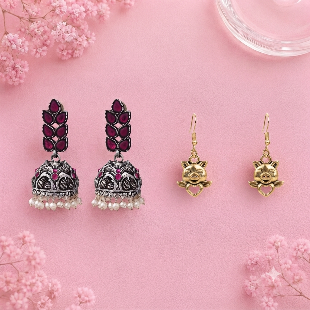 Leaf Cascade jhumki earrings (Red) Oink Oink dangler earrings Combo set