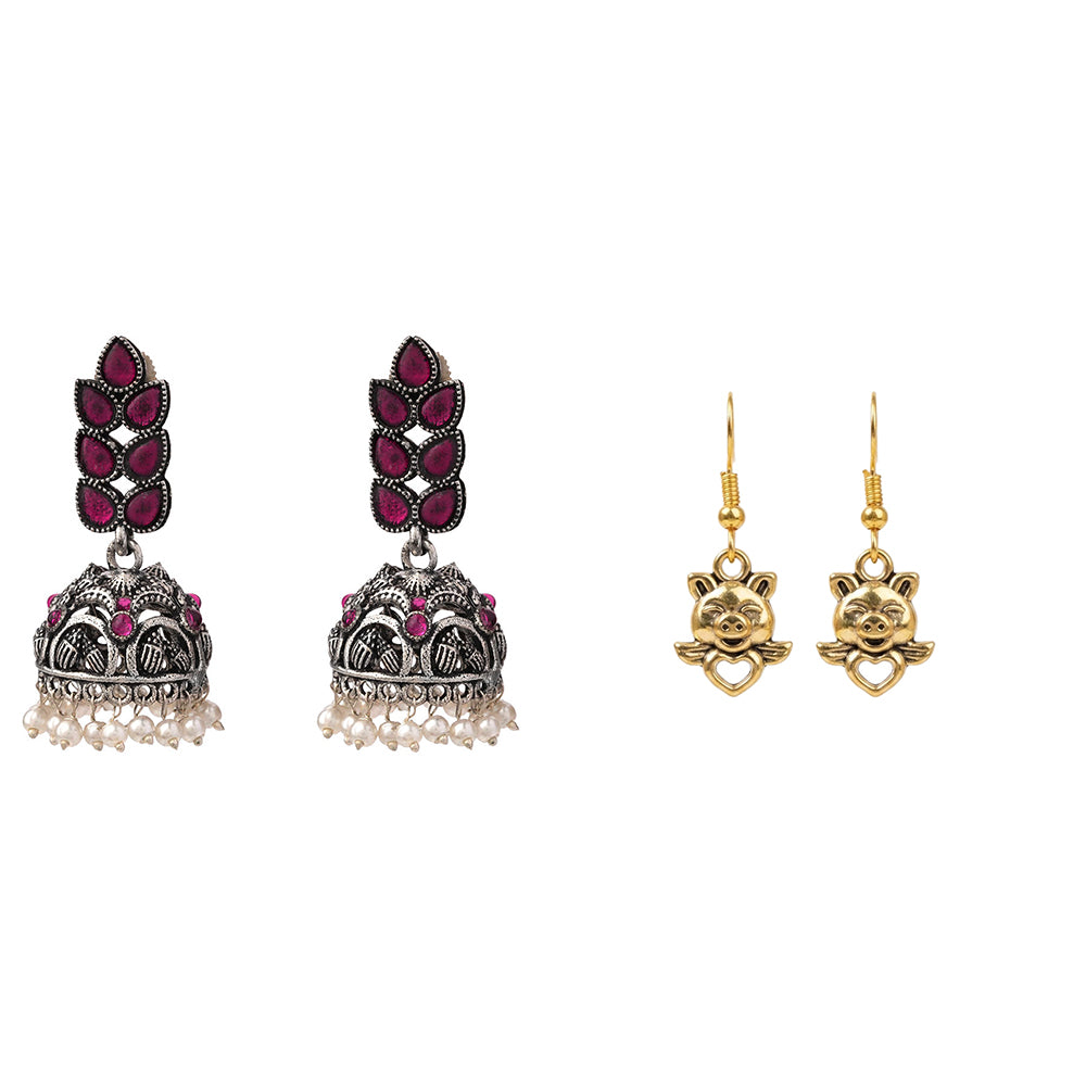 Leaf Cascade jhumki earrings (Red) Oink Oink dangler earrings Combo set