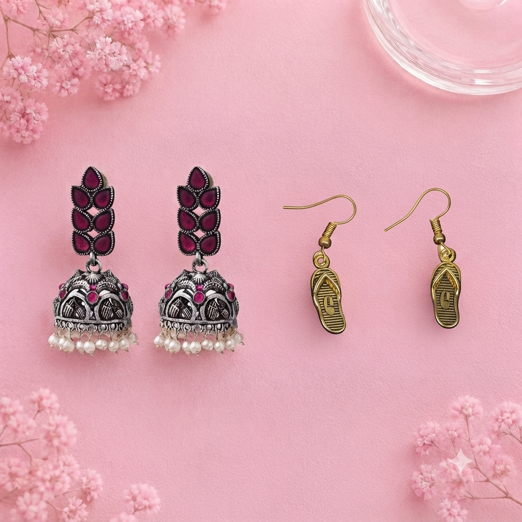 Leaf Cascade jhumki earrings (Red) Sole-mate dangler earrings Combo set