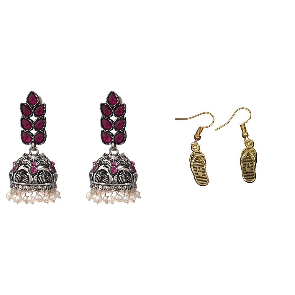 Leaf Cascade jhumki earrings (Red) Sole-mate dangler earrings Combo set