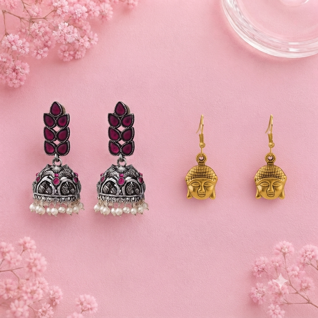 Leaf Cascade jhumki earrings (Red) Devine aura dangler earrings Combo set
