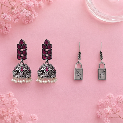 Leaf Cascade jhumki earrings (Red) The Vault dangler earrings (Silver) Combo set