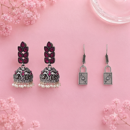 Leaf Cascade jhumki earrings (Red) The Vault dangler earrings (Silver) Combo set