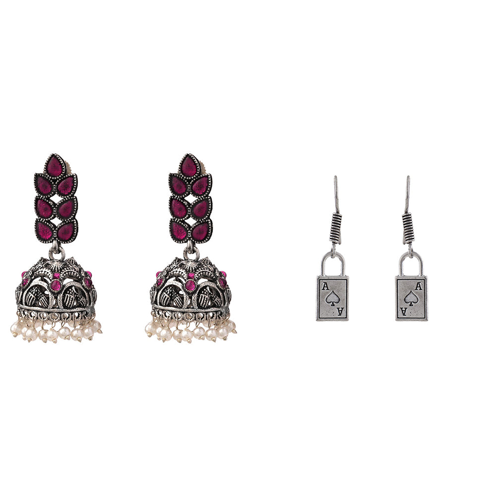 Leaf Cascade jhumki earrings (Red) The Vault dangler earrings (Silver) Combo set