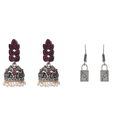 Leaf Cascade jhumki earrings (Red) The Vault dangler earrings (Silver) Combo set