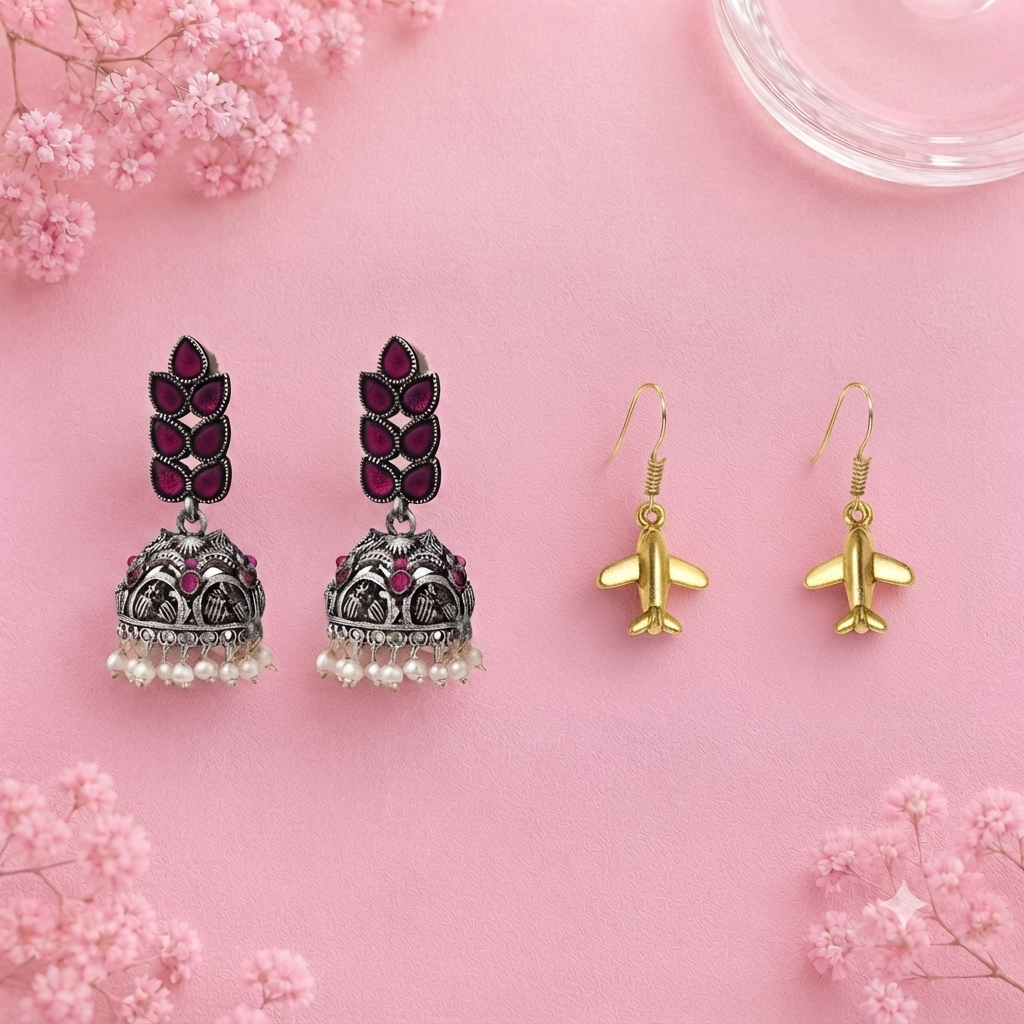 Leaf Cascade jhumki earrings (Red) Sky High dangler earrings Combo set