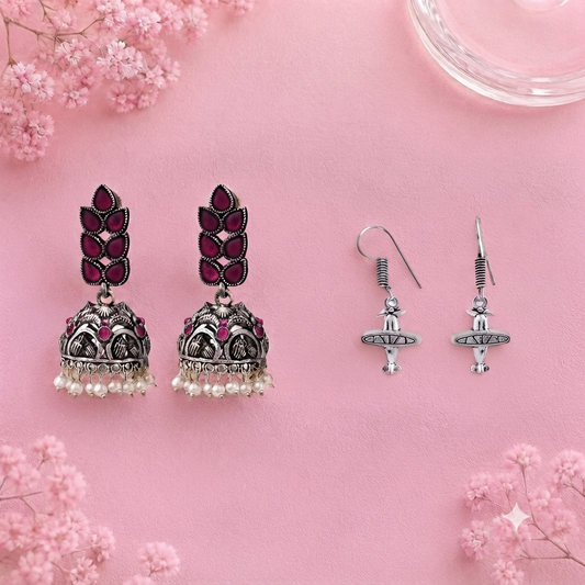 Leaf Cascade jhumki earrings (Red) Tropical Elegance dangler earrings (Silver) Combo set