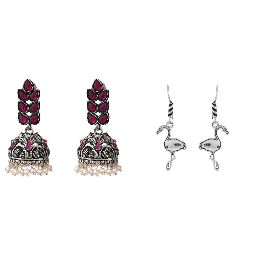 Leaf Cascade jhumki earrings (Red) Tropical Elegance dangler earrings (Silver) Combo set
