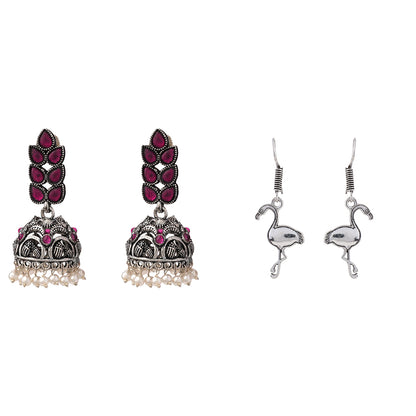 Leaf Cascade jhumki earrings (Red) Tropical Elegance dangler earrings (Silver) Combo set