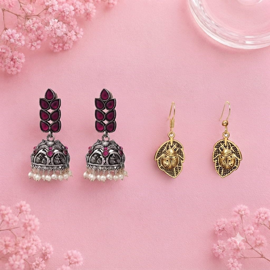 Leaf Cascade jhumki earrings (Red) Beetle bling dangler earrings Combo set