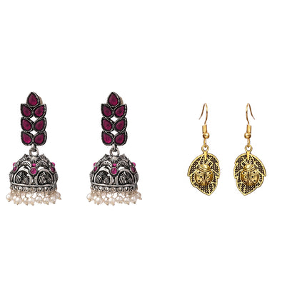 Leaf Cascade jhumki earrings (Red) Beetle bling dangler earrings Combo set
