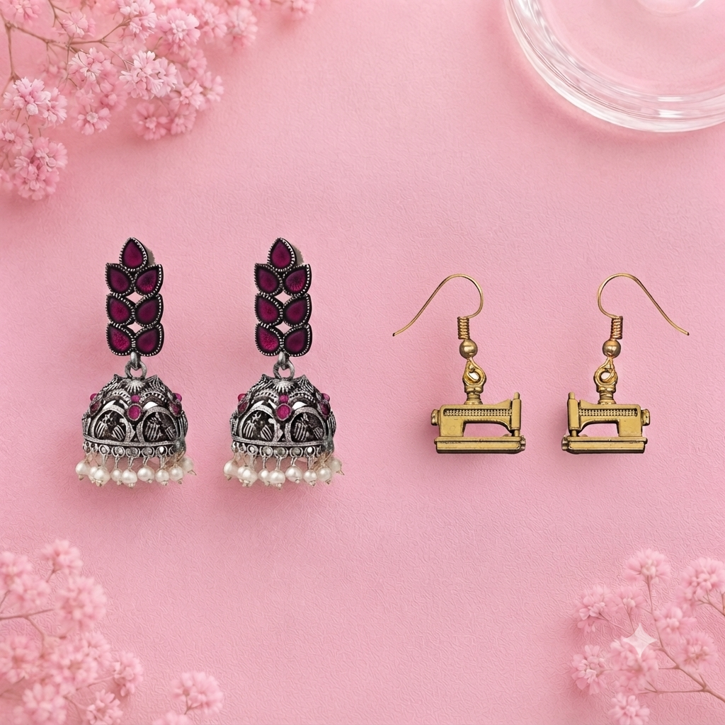 Leaf Cascade jhumki earrings (Red) Sew-chic dangler earrings Combo set