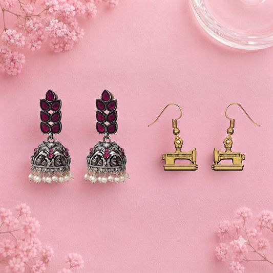 Leaf Cascade jhumki earrings (Red) Sew-chic dangler earrings Combo set
