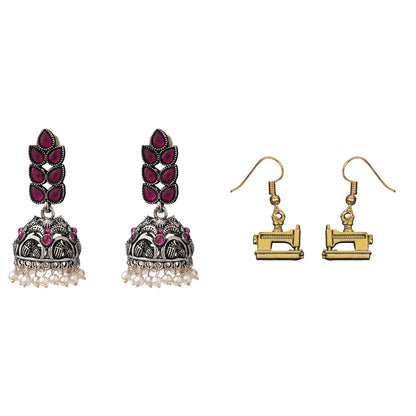 Leaf Cascade jhumki earrings (Red) Sew-chic dangler earrings Combo set