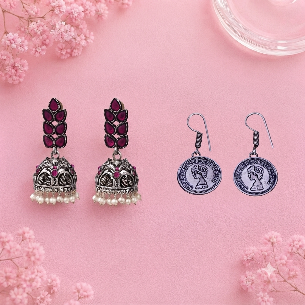 Leaf Cascade jhumki earrings (Red) Crown Jewel dangler earrings (Silver) Combo set