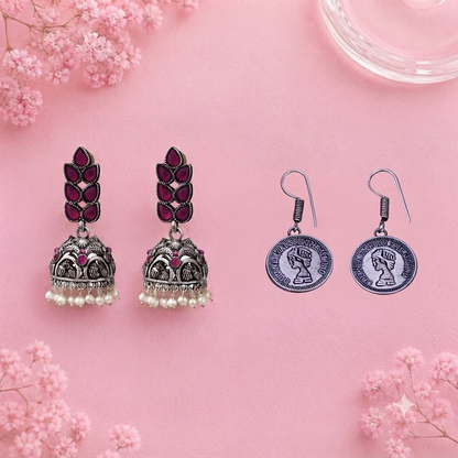 Leaf Cascade jhumki earrings (Red) Crown Jewel dangler earrings (Silver) Combo set