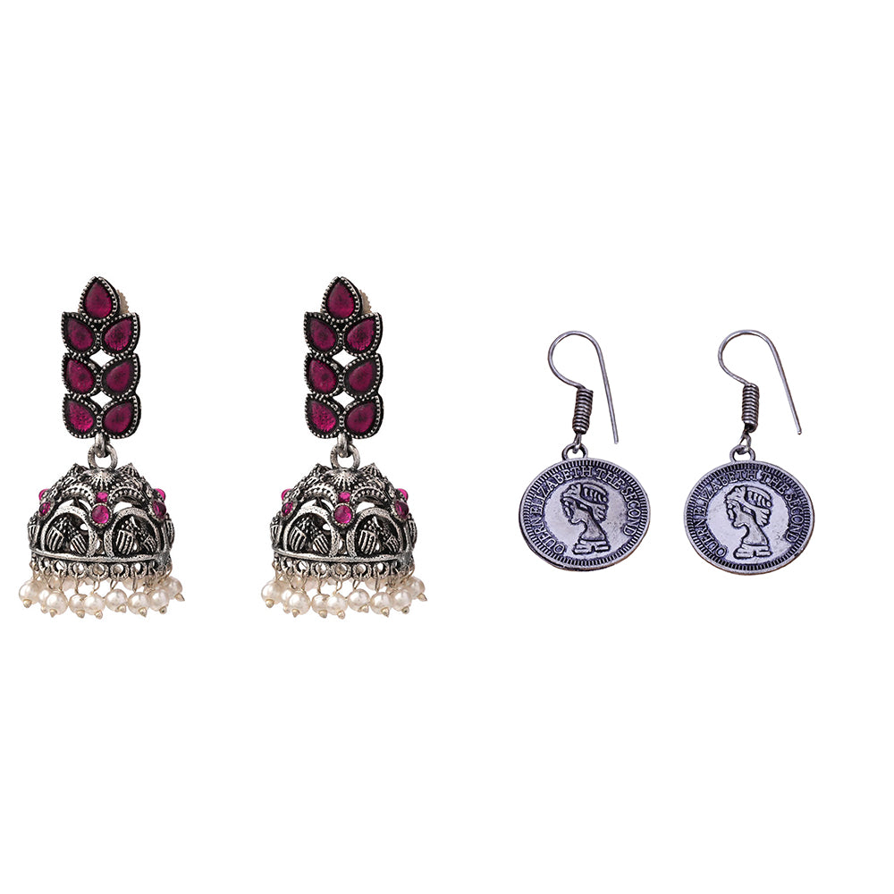 Leaf Cascade jhumki earrings (Red) Crown Jewel dangler earrings (Silver) Combo set