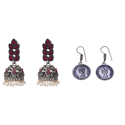 Leaf Cascade jhumki earrings (Red) Crown Jewel dangler earrings (Silver) Combo set